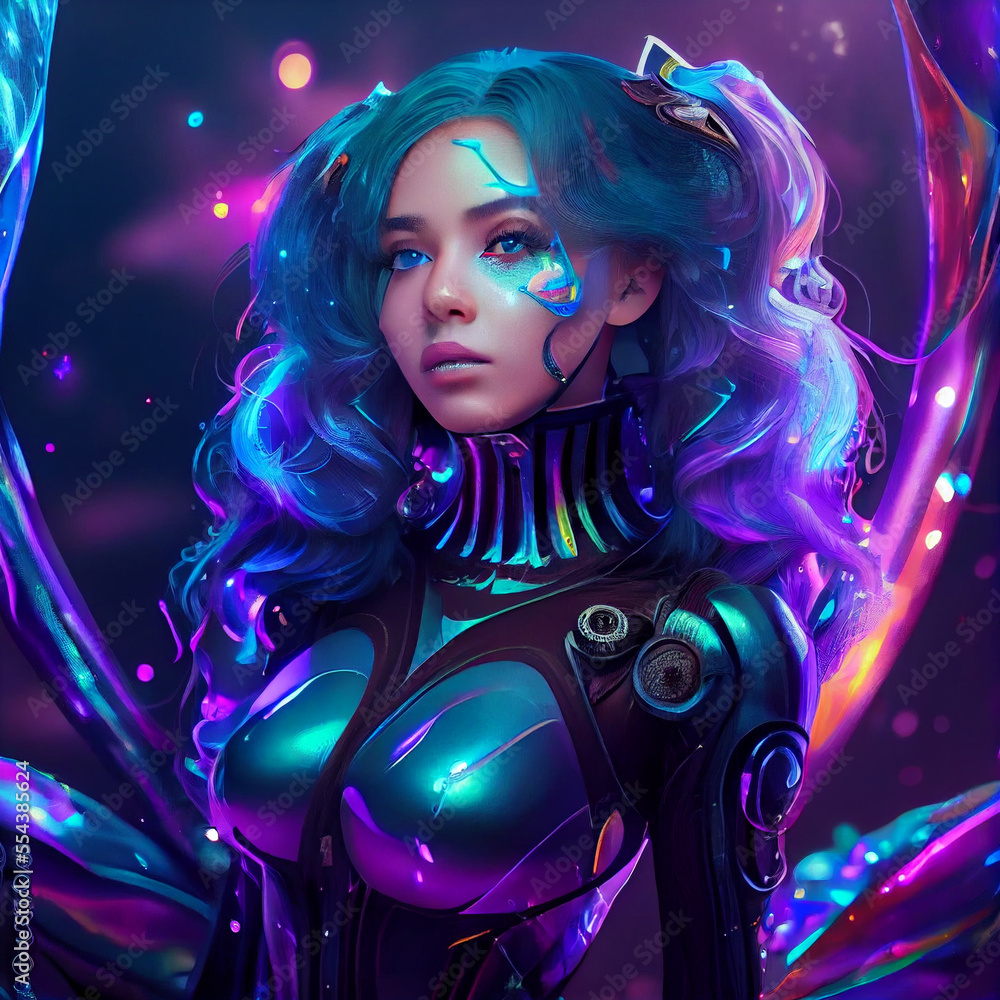 Cyberpunk Woman, Purple, AI	