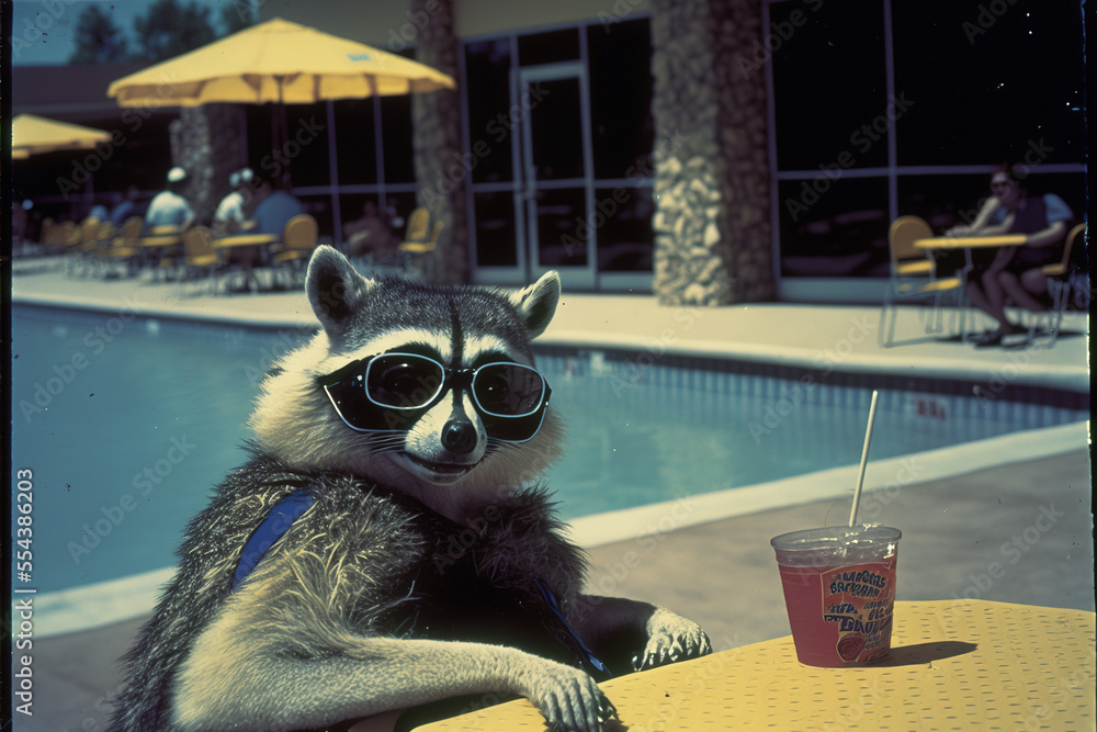 Animals Doing Human Things: nostalgic 90's raccoon hanging out by a pool,  retro generative AI. Illustration Stock | Adobe Stock
