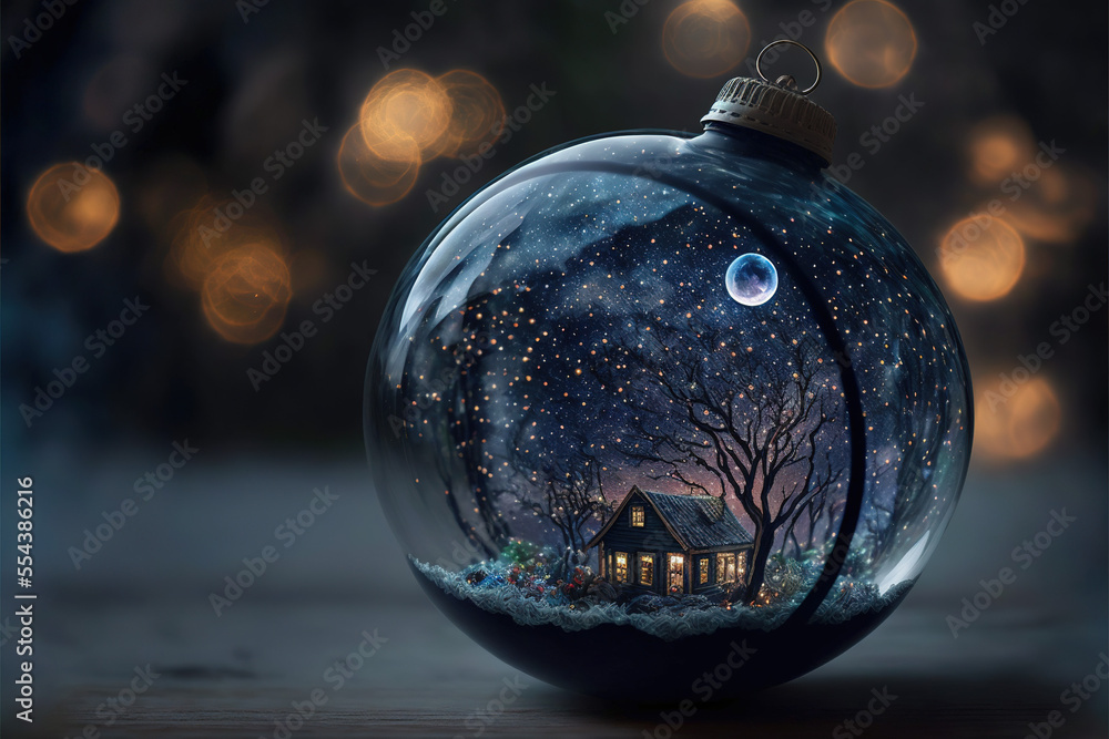 Fototapeta tiny house in a glass christmas ornament, snowfall snowglobe