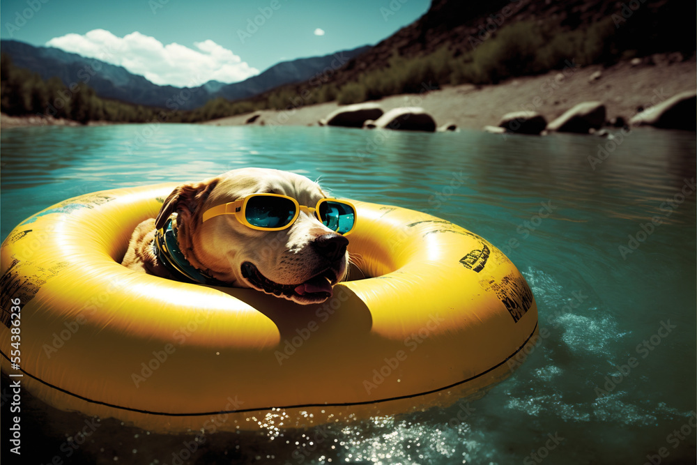 Dog floating down a river, tubing with a cool dog in sunglasses on a