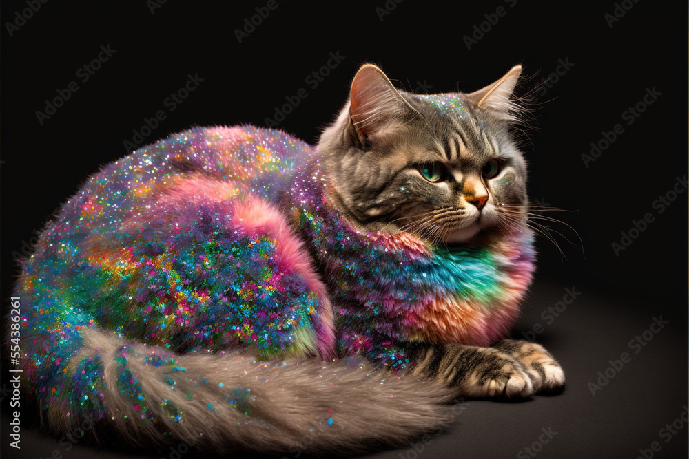 Cat playing in rainbow glitter, studio portrait ethically made using