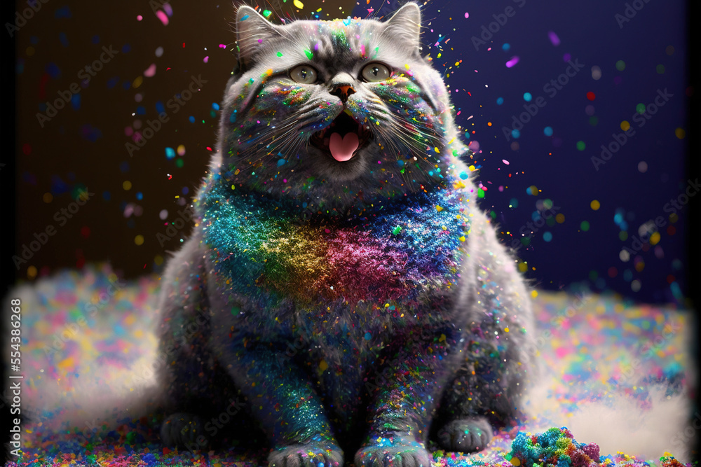 Cat playing in rainbow glitter, studio portrait ethically made using