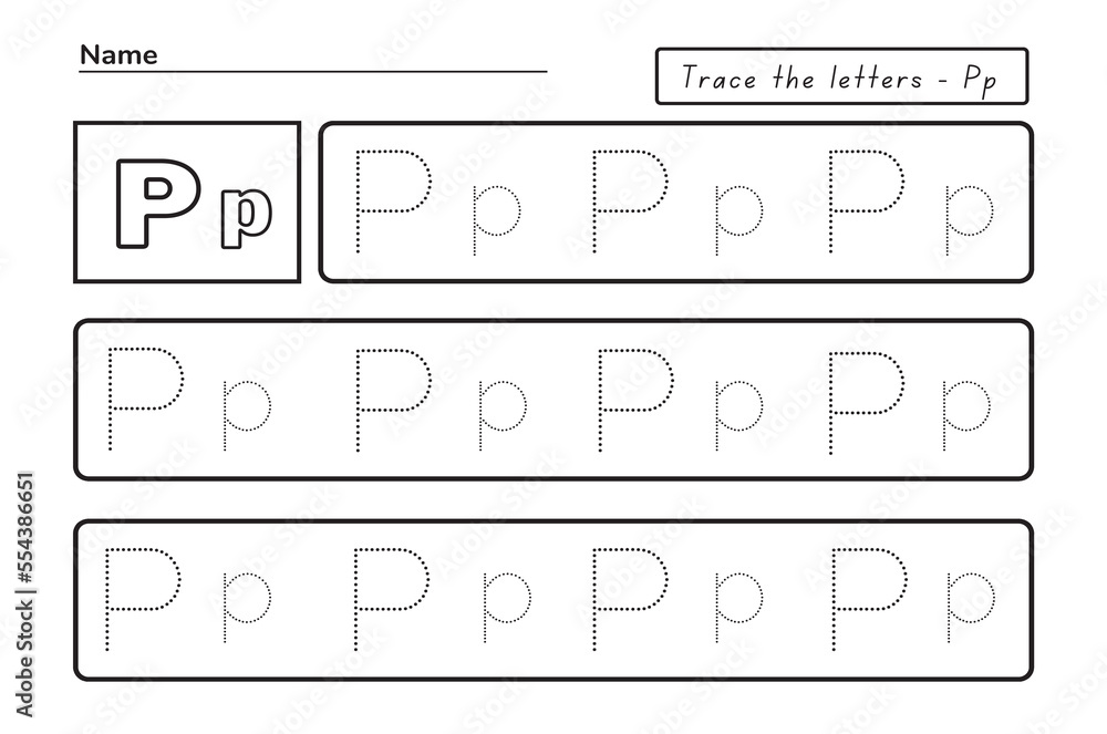 Trace letters p. uppercase and lowercase. Alphabet tracing practice preschool worksheet for kids learning English. Activity page for Pre-K, kindergarten. Vector illustration Trace letters p. uppercase and lowercase. Alphabet tracing practice preschool worksheet for kids learning English. Activity page for Pre-K, kindergarten. Vector illustration