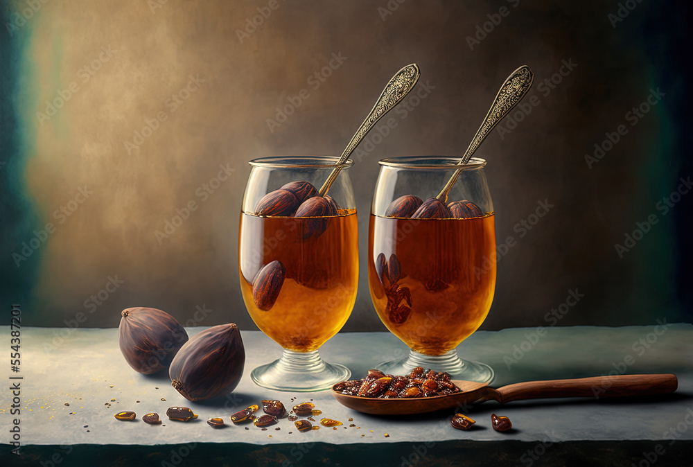 Fototapeta premium The enormous date fruits (Medjool) are displayed in glasses with wooden spoons against a hazy backdrop of cement. Generative AI