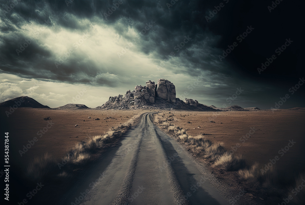 Stunning picture of a deserted road in the midst of a parched grass field and rocks under a gloomy sky. Generative AI