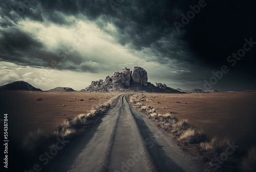 Stunning picture of a deserted road in the midst of a parched grass field and rocks under a gloomy sky. Generative AI © 2rogan