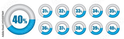 Vector set of Pie chart from 31 to 40 percent. Vector illustration.