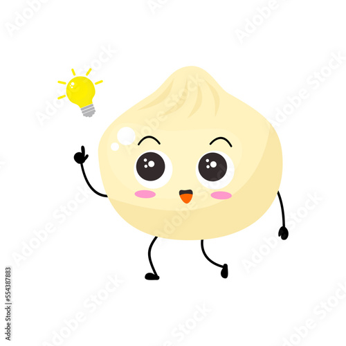 Kawaii cartoon dumpling icon. Character of dumpling. Xiaolongbao. chibi. Illustration emoji dumpling man in flat style. bulb, get idea, smart