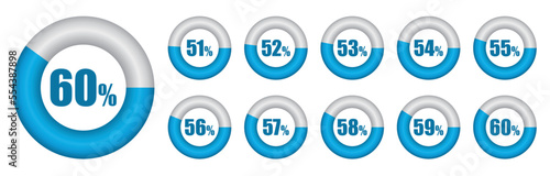 Vector set of Pie chart from 51 to 60 percent. Vector illustration.