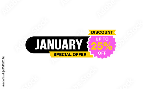 25 Percent JANUARY discount offer, clearance, promotion banner layout with sticker style. © D'Graphic Studio