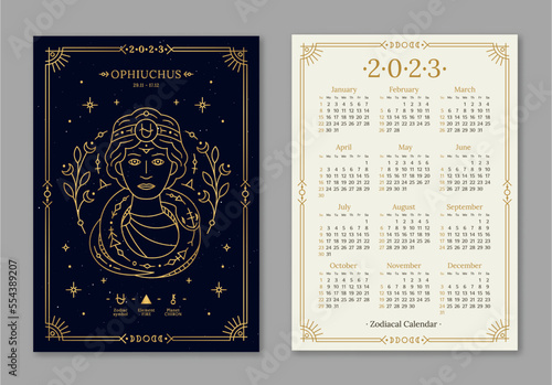 Year 2023 calendar template with Ophiuchus golden zodiac symbol. Pocket size dark navy color calendar with alternative thirteenth horoscope sign. Week starts on Sunday thin line vector illustration photo