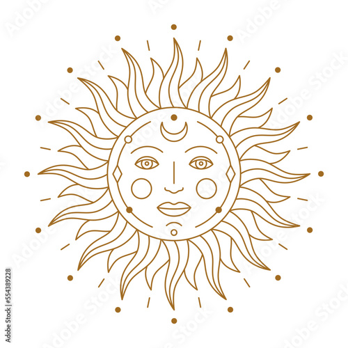 Mystical golden stylized boho chic tattoo sun with face. Astrology, alchemy, esoteric, tarot, fortune telling and mysticism design element thin line vector illustration on white background