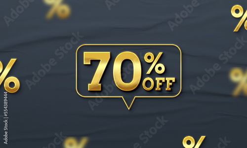 Sale 70 percent off gold 3d text in speech bubble. Discount offer banner, 70 percent off sale promo banner.