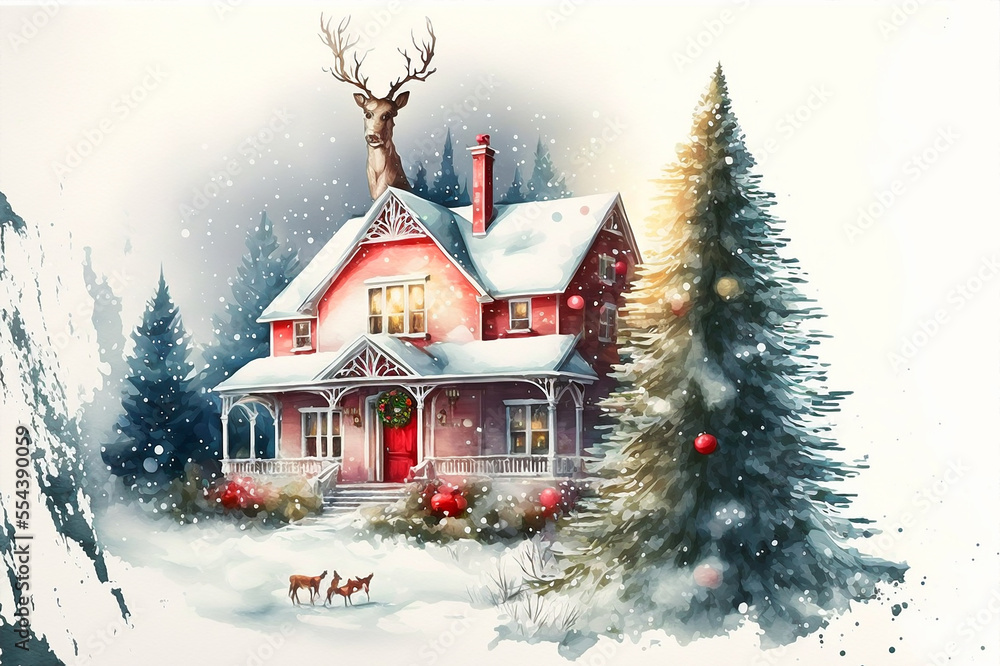 A small two storey house is decorated in the Christmas style. Generative AI
