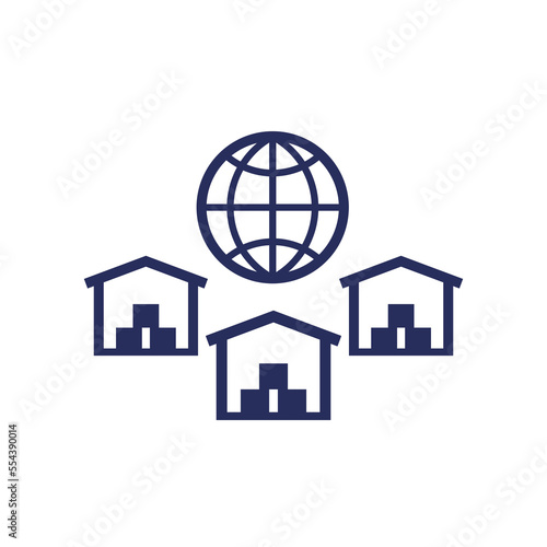 Global sourcing icon with warehouses