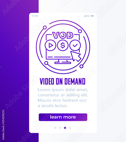 VOD, video on demand mobile banner with line icon
