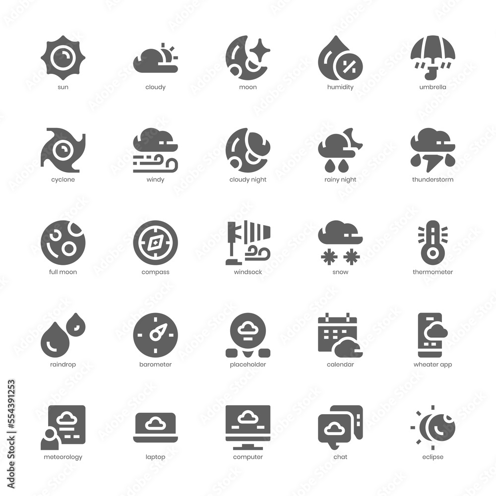 Weather icon pack for your website, mobile, presentation, and logo design. Weather icon glyph design. Vector graphics illustration and editable stroke.