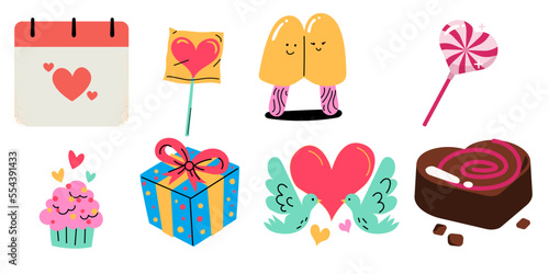 illustration of valentine icons such as gifts, ice cream, chocolate etc 
