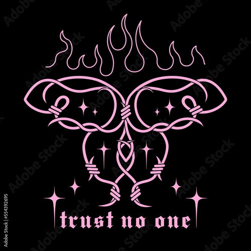 Gothic barbed wire butterfly, weird black and pink concept with slogan: trust no one. Glamor trendy 2000s aesthetic. Psychedelic Y2k Graphic vector icon.