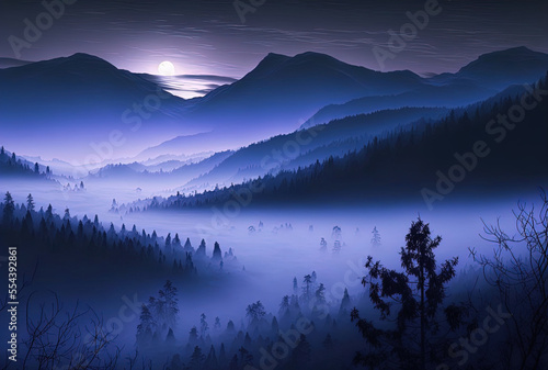Mountain fog in the morning, just before dawn. Generative AI