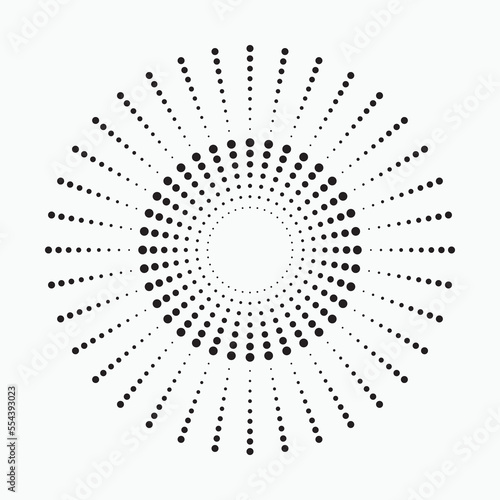 Radial halftone dots in Circle Form. Dotted fireworks explosion background. Starburst round Logo. Circular Design element. Abstract Geometric star rays.