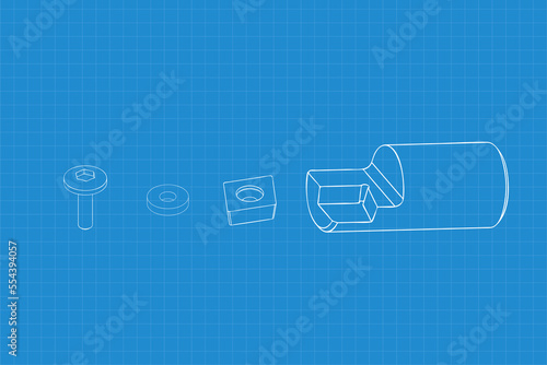Mechanical engineering drawings on blue background. Cutter, assembly tool with replaceable multi-faceted plate. Technical Design. Cover. Blueprint. Vector illustration.