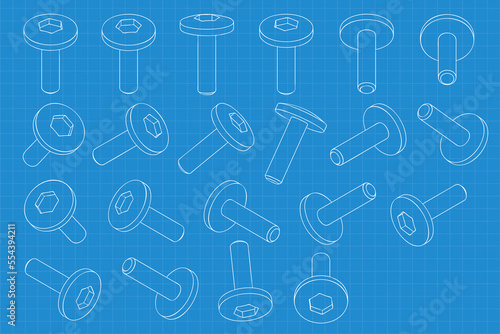 Mechanical engineering drawings on blue background. Cutter, assembly tool with replaceable multi-faceted plate. Technical Design. Cover. Blueprint. Vector illustration.