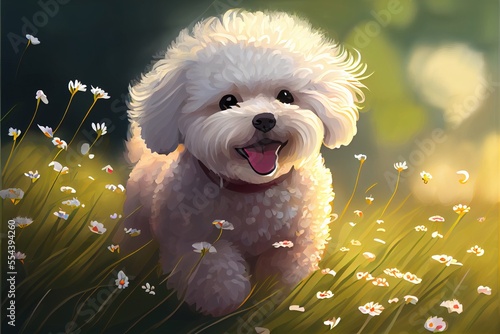 Fotografiet a white dog is running through a field of daisies and daisies in the grass with a smile on its face