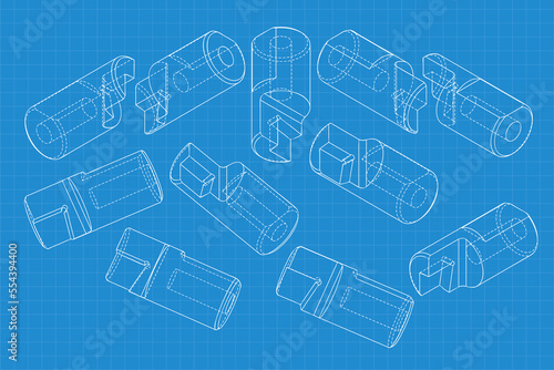 Mechanical engineering drawings on blue background. Cutter, assembly tool with replaceable multi-faceted plate. Technical Design. Cover. Blueprint. Vector illustration.
