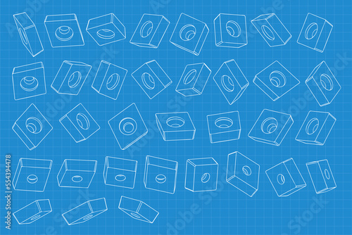Mechanical engineering drawings on blue background. Cutter, assembly tool with replaceable multi-faceted plate. Technical Design. Cover. Blueprint. Vector illustration.