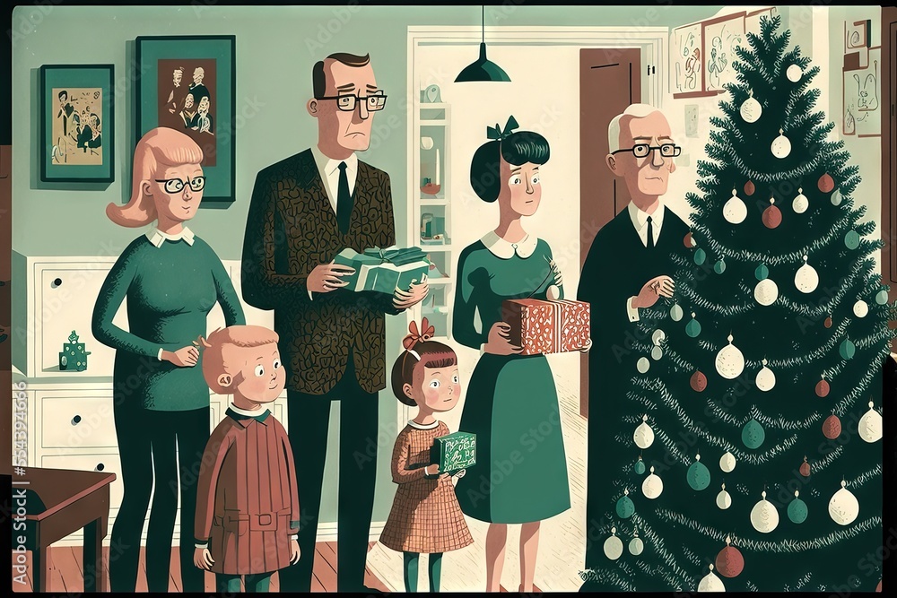 Obraz premium A Family in Christmas Party, Illustrated in Vintage Style, With Gifts, Special Clothing and Protocol