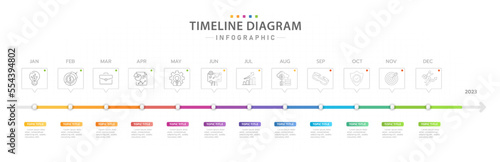 Infographic template for business. 12 Months Timeline diagram calendar with modern icons, presentation vector infographic.