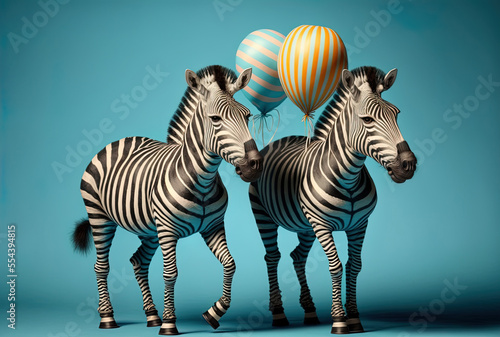 Two zebras carrying balloons and present boxes. Generative AI