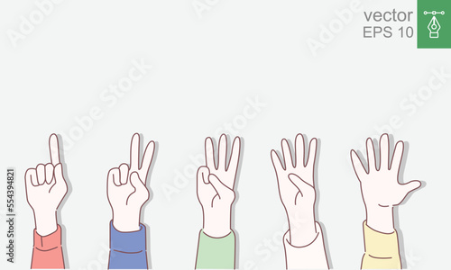 Set of counting hand sign from one to five. Communication gestures concept. Vector illustration isolated on colorful background flat design with outline, thin line. EPS 10.
