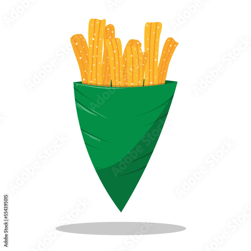 Tasty sweet or salty churros. Paper cup or napkin. Traditional Spanish and Mexican food. Fried dough. Hand drawn vector illustration. Cartoon style