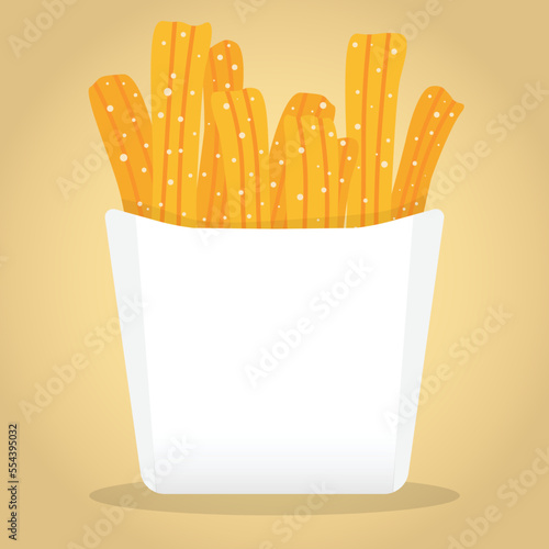 Tasty sweet or salty churros. Paper cup or napkin. Traditional Spanish and Mexican food. Fried dough. Hand drawn vector illustration. Cartoon style