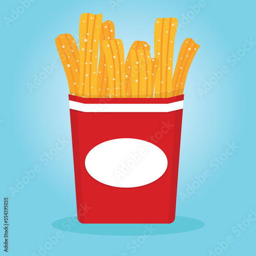 Tasty sweet or salty churros. Paper cup or napkin. Traditional Spanish and Mexican food. Fried dough. Hand drawn vector illustration. Cartoon style