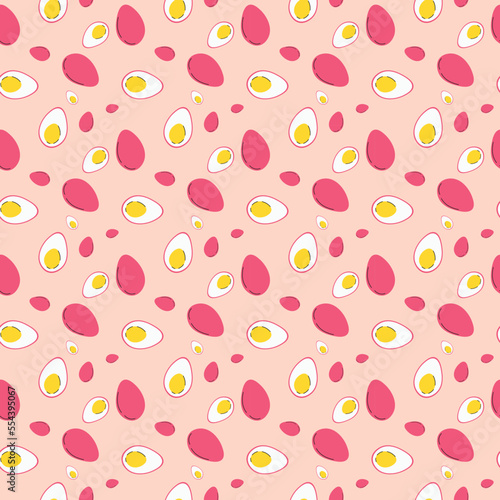 Halved pink boiled eggs seamless pattern. Vector illustration on a white background