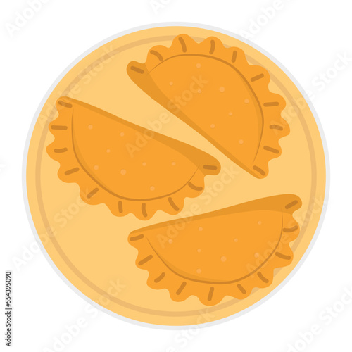hand drawn empanada or fried pie snack on plate illustration. Typical Latino America and spanish fast food. Empanada in cartoon style