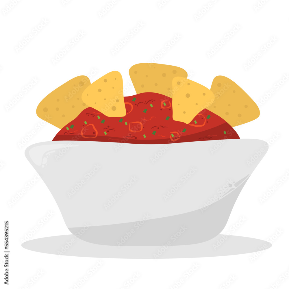 Nachos corn chips with red salsa sauce icon vector. Mexican corn tortilla chips with salsa dip icon isolated on a white background Nachos corn chips with red salsa sauce icon vector. Mexican corn tortilla chips with salsa dip icon isolated on a white background