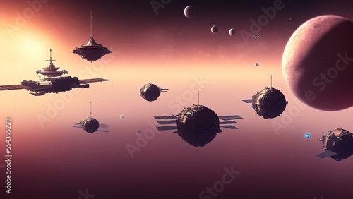 Foto Space battle of spaceships and battle cruisers, planet, space station, bunker