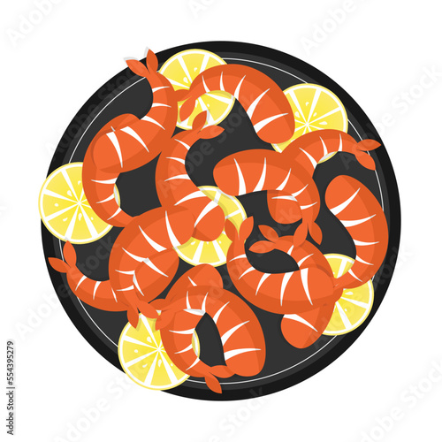 Icon of shrimps with lemon on a plate. Top view. Restaurant dish. Seafood. Image of prawn. Vector illustration