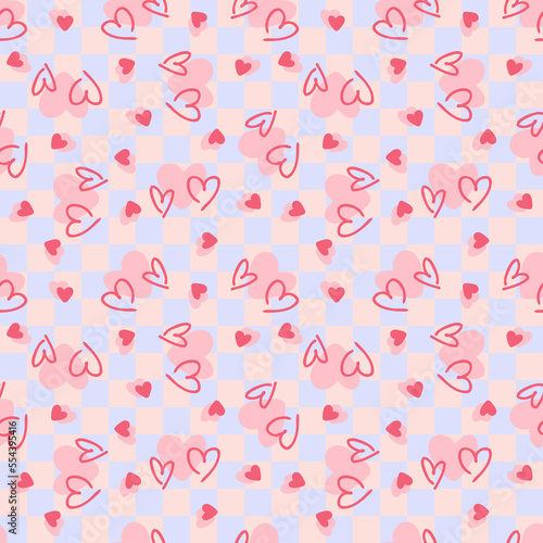 Checkered seamless background with hearts. Romantic groovy checkerboard pattern in 1970s style. Doodle illustration for decor and design.