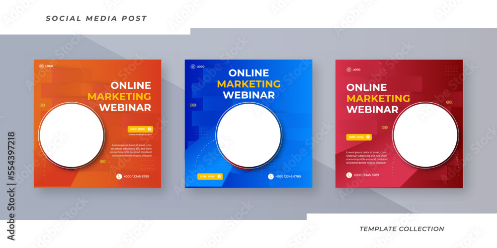 Set of three creative online marketing agency live webinar and corporate social media post template
Set of three creative online marketing agency live webinar and corporate social media post template