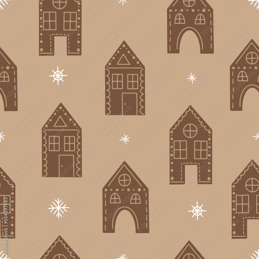 Seamless pattern of Christmas gingerbread houses. Vector illustration for packages, gifts, cards
