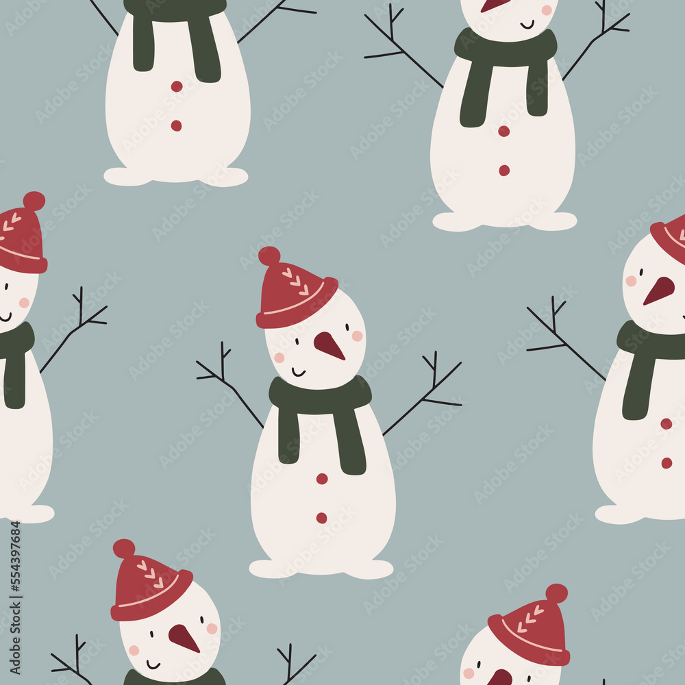 Vector seamless pattern with snowman, snow. Winter simple, stylish Scandinavian repeat texture for wrapping, web page background, Christmas, New Year greeting card, fabrics, home decor, scrapbooking Vector seamless pattern with snowman, snow. Winter simple, stylish Scandinavian repeat texture for wrapping, web page background, Christmas, New Year greeting card, fabrics, home decor, scrapbooking