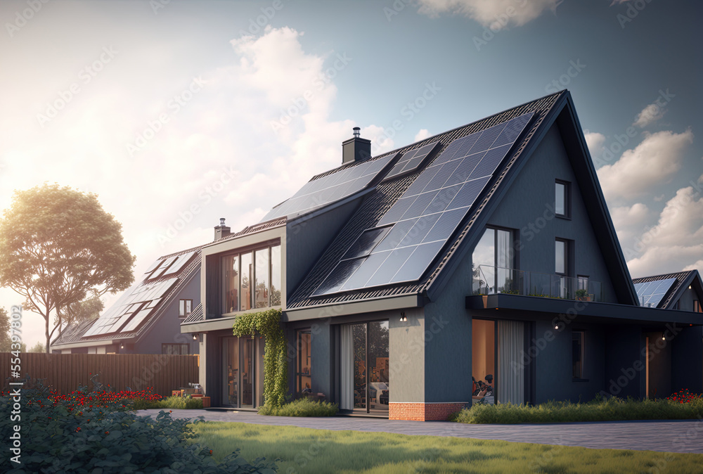 newly constructed homes with solar panels on the roof under a bright sky A close up of a brand new structure with dark solar panels. Zonneenergie, Zonnepanelen, Translation Sun Energy, solar panel - obrazy, fototapety, plakaty 