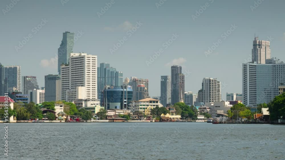 sunny day bangkok city center river traffic ferry station panorama 4k timelapse thailand sunny day bangkok city center river traffic ferry station panorama 4k timelapse thailand