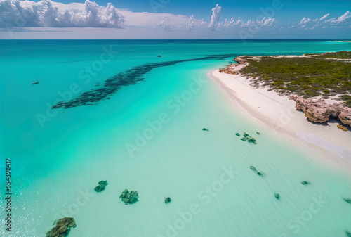 Drone shot taken in Providenciales, Turks & Caicos, shows Grace Bay beach. You can see some jet skies, a Caribbean blue sea, and undersea rocks. Generative AI © 2rogan