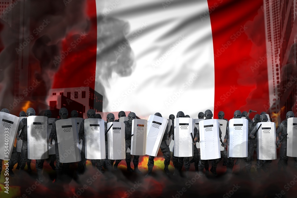 Peruvian Riot Armor Peru protest stopping concept, police special forces on city street are ...